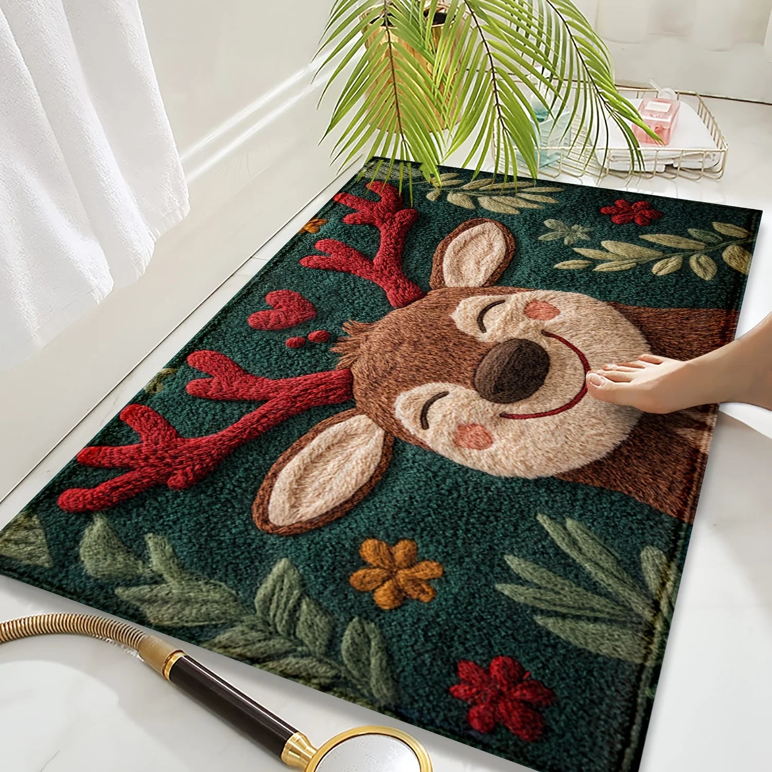 Fluffy Christmas Deer Microfiber Bath Mat - Quick-Dry & Absorbent with Festive Red Berries & Green Leaves Design
