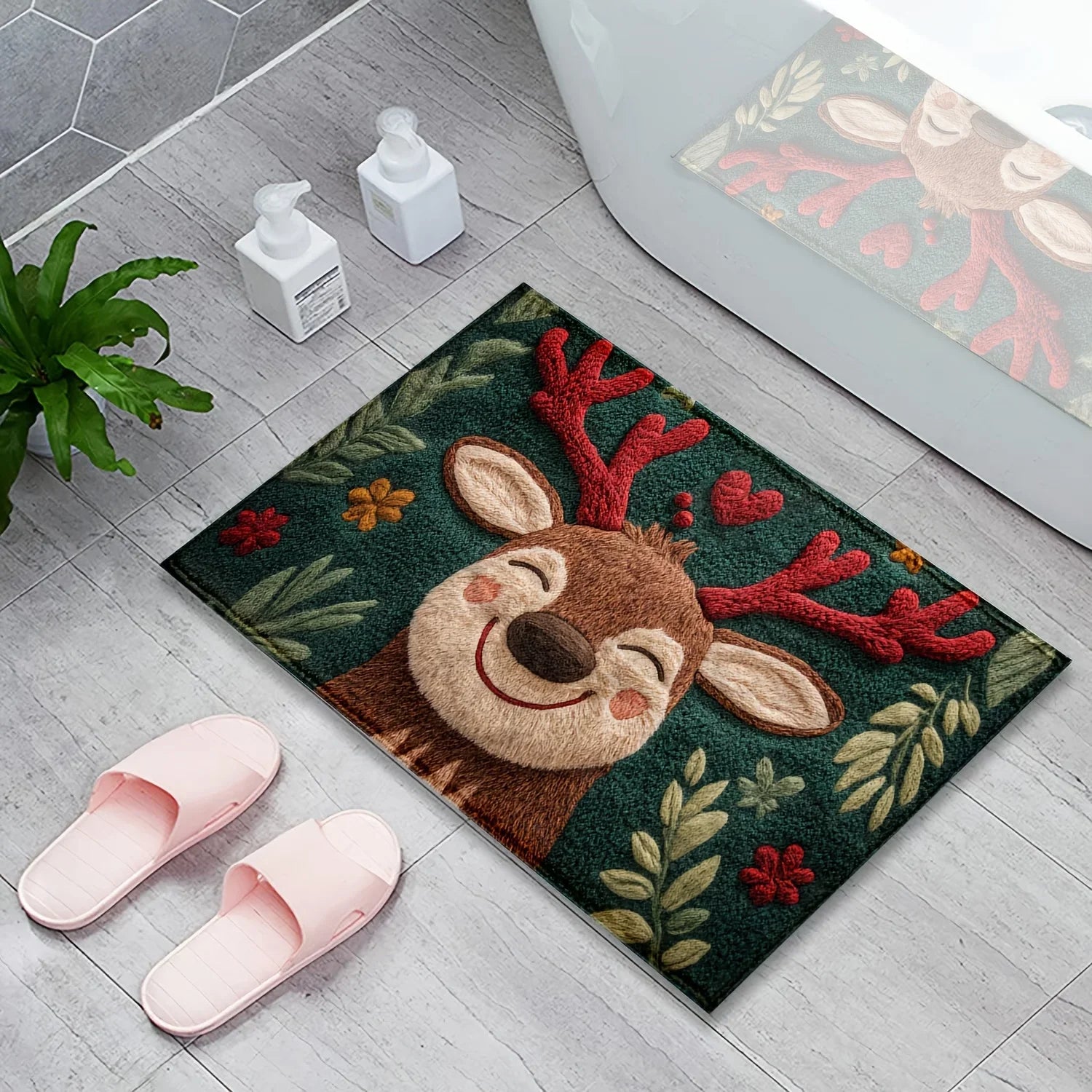 Fluffy Christmas Deer Microfiber Bath Mat - Quick-Dry & Absorbent with Festive Red Berries & Green Leaves Design