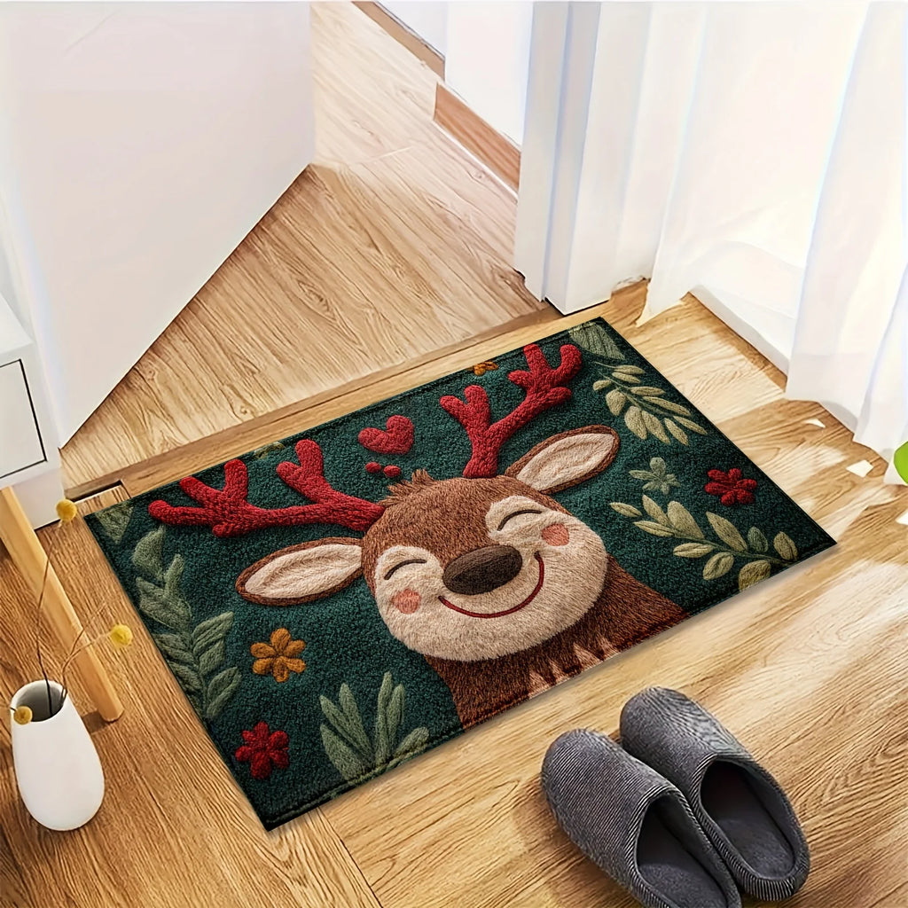 Fluffy Christmas Deer Microfiber Bath Mat - Quick-Dry & Absorbent with Festive Red Berries & Green Leaves Design