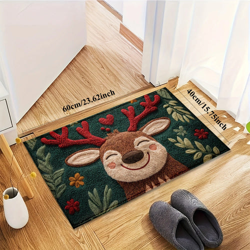 Fluffy Christmas Deer Microfiber Bath Mat - Quick-Dry & Absorbent with Festive Red Berries & Green Leaves Design